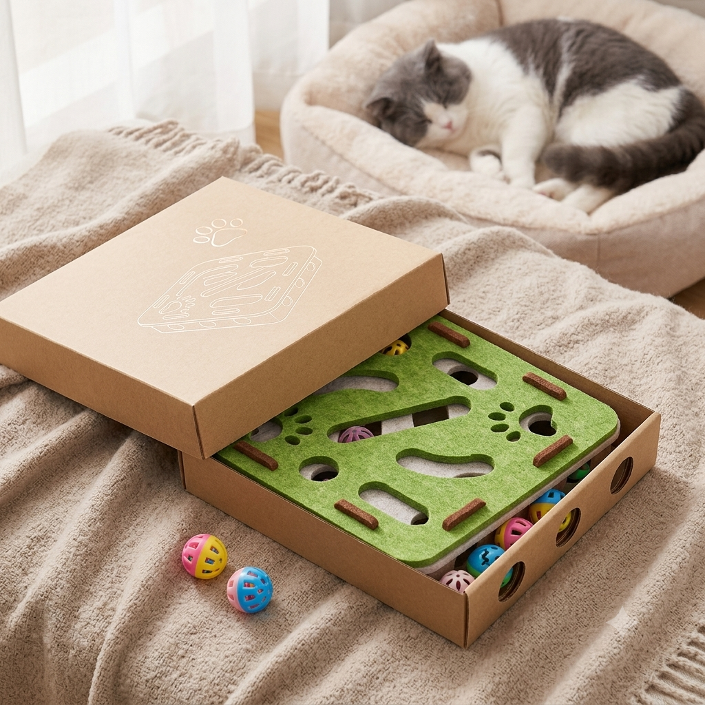 Jouet puzzle en feutre pour chat – Boîte interactive avec balle